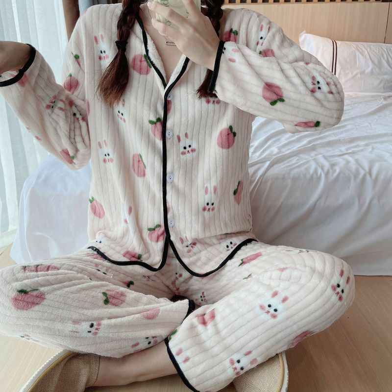 SUO & CHAO-Conjunto de pijama con estampado de franela para mujer, ropa de dormir de manga larga, pantalones largos, camisón para el hogar