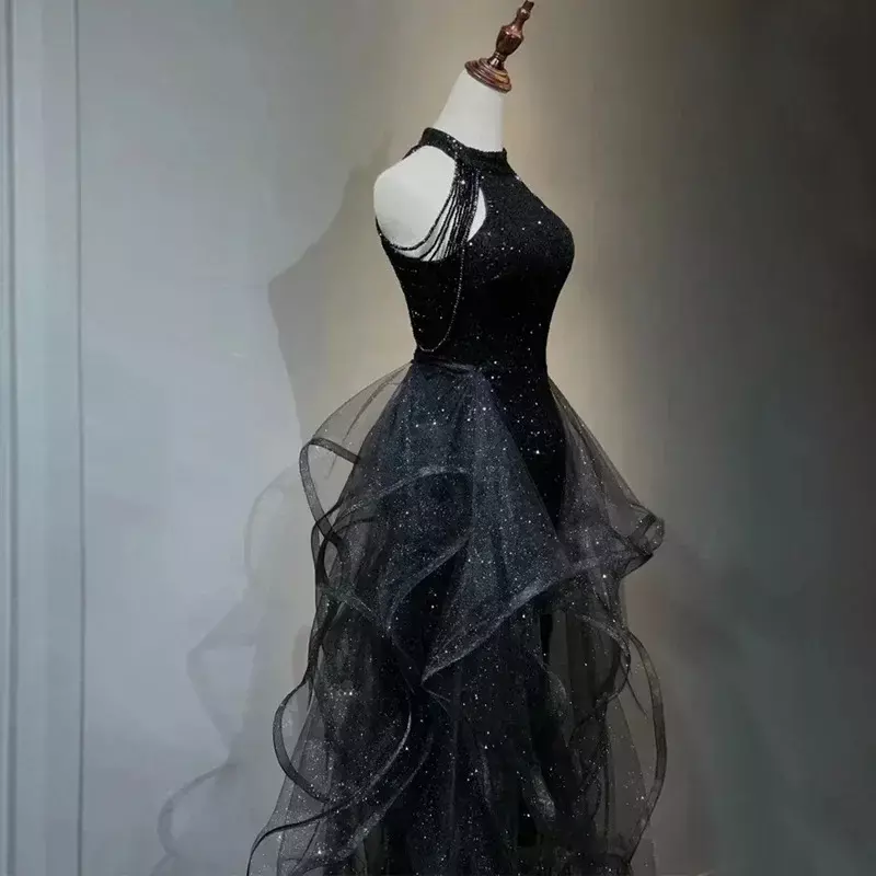 Женское вечернее платье макси, облегающее однотонное черное платье с блестками без рукавов и оборками, кружевная юбка в стиле ретро, модное женское платье для выпускного вечера