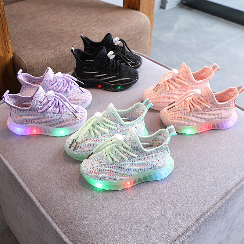 Colorful LED Lights Up Sneakers Kids Breathable Anti-slip Strap Athletic Comfortable Soft Soled Casual Shoes for Toddler Sport