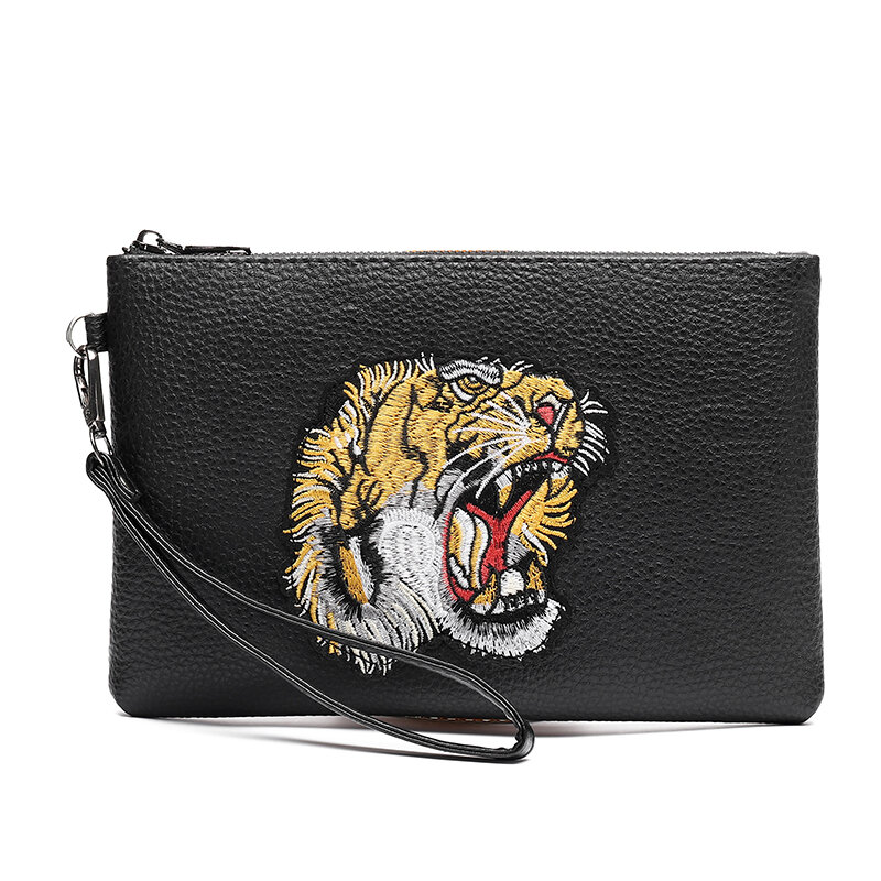 Tiger Head Pattern Bolsa de embreagem de negócios para homens, couro PU macio, bolsa de telefone, envoltório masculino casual Day Clutch, alta qualidade, moda