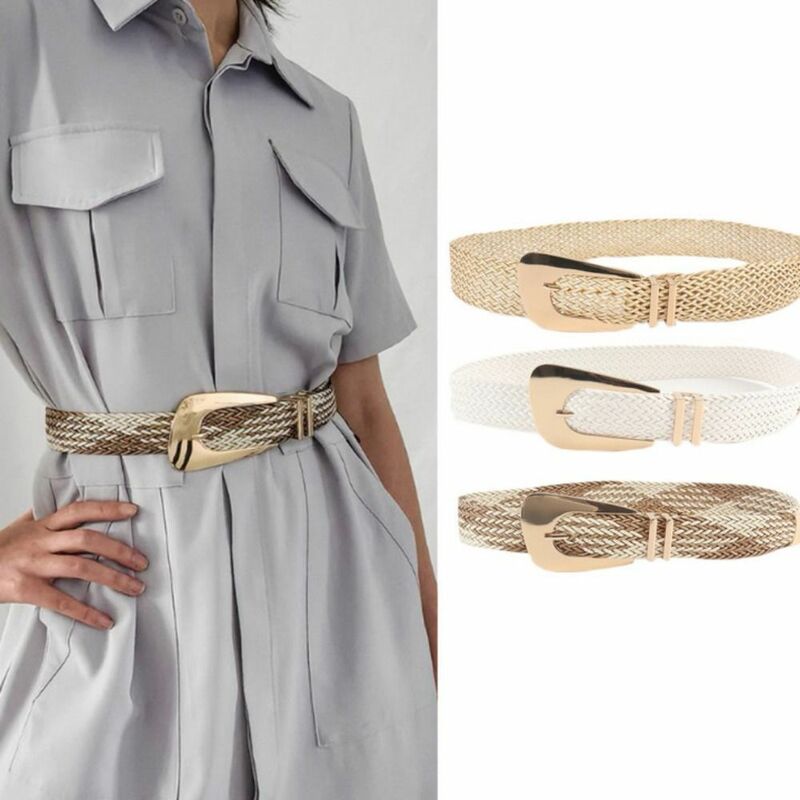 Cintura tecida à mão casual para mulheres, cinto de grama PP, fivela metálica irregular, moda retrô, skinny