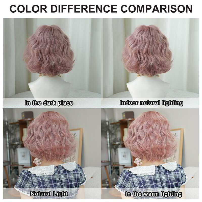 7jhh perucas-peruca lolita para as mulheres, cabelo curto ondulado sintético, bob rosa, de alta densidade, solto, com franja fofa, sem glueless