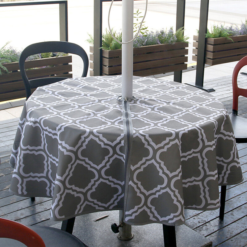 Round Table Cloth | Washable Balcony Tablecloth with Umbrella Hole | Tabletop Covers for Outdoor Din