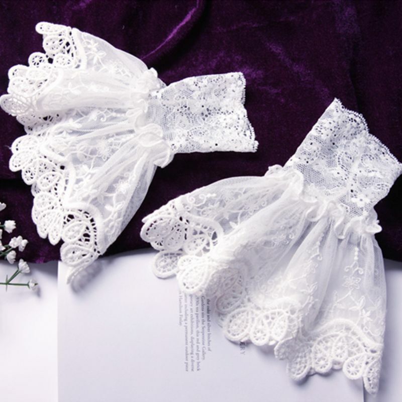 Female Girls Sweater Decorated Fake Sleeves Hollow Out Crochet Floral Lace Horn Cuffs Embroidery Flounces Elastic N7YD