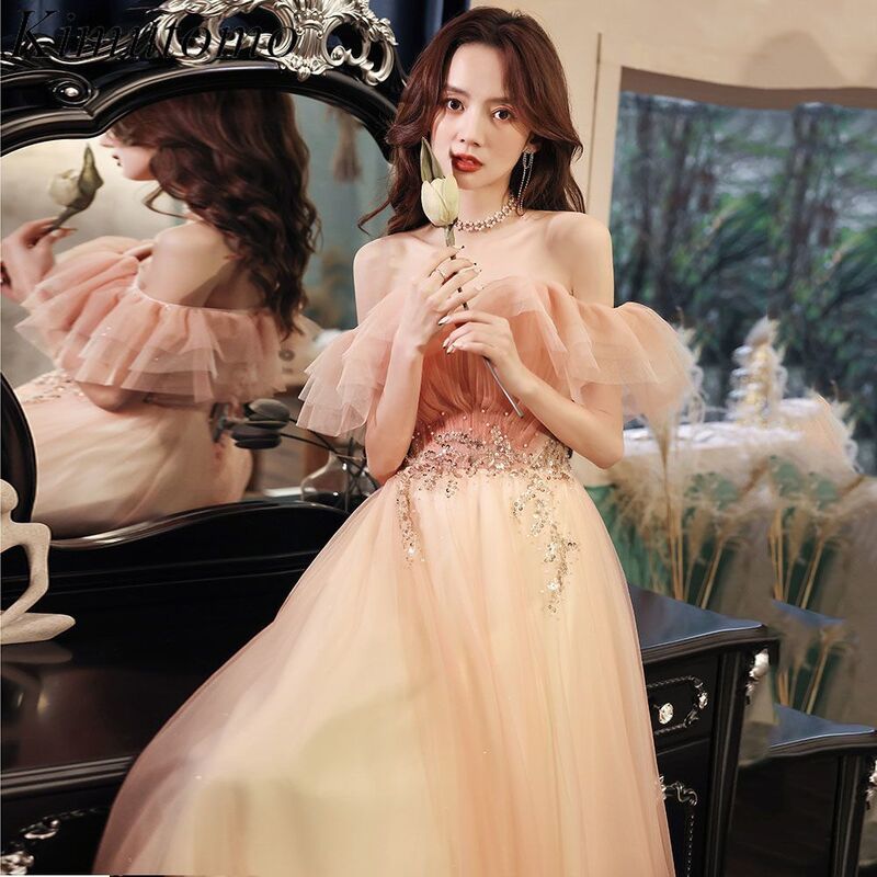 Kimutomo блестящее Сетчатое вечернее платье с оборками 2022 элегантные свадебные платья с вырезом лодочкой платья для женщин пригласительные