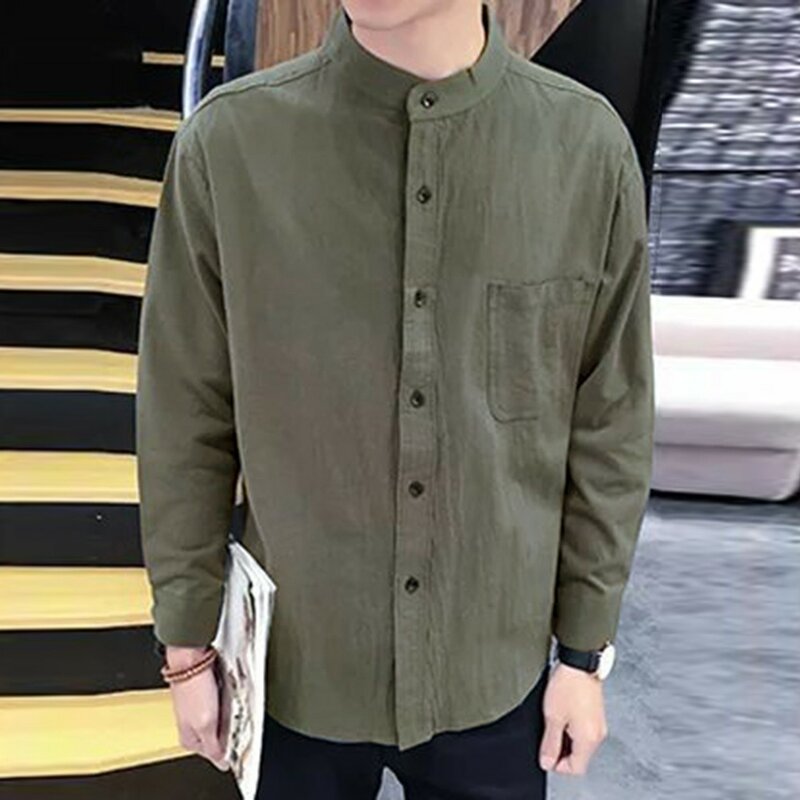 Camisa de linho de algodão manga longa masculina, camiseta com gola alta, camiseta fina, parte superior de botão, roupa casual empresarial
