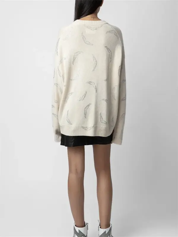 Sweater rajut wanita, Sweater rajutan sayap panas berlian imitasi musim gugur musim dingin kasual leher O Pullover
