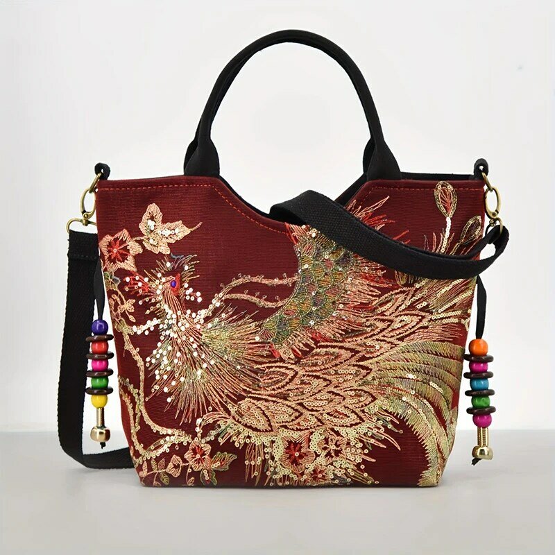 2024 модная женская сумка с вышивкой Этническая блестящая павлинья богемная ретро большая эстетичная женская сумка через плечо сумка-шоппер
