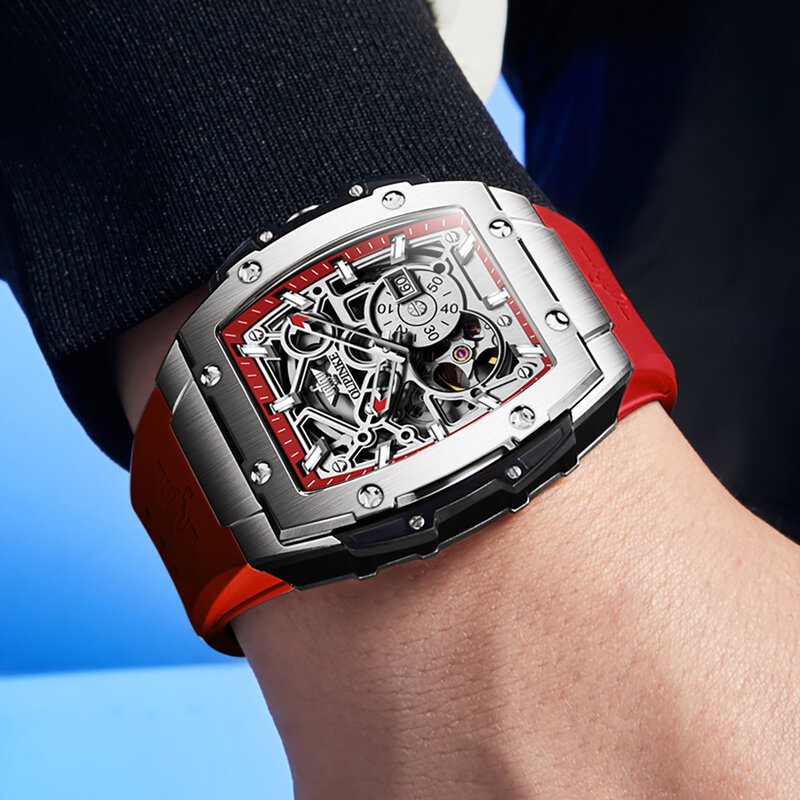 OUPINKE oryginalna marka szkielet wysokiej jakości zegarki automatyczne dla mężczyzn silikonowy luksusowy mechaniczny wodoodporny zegarek Tonneau