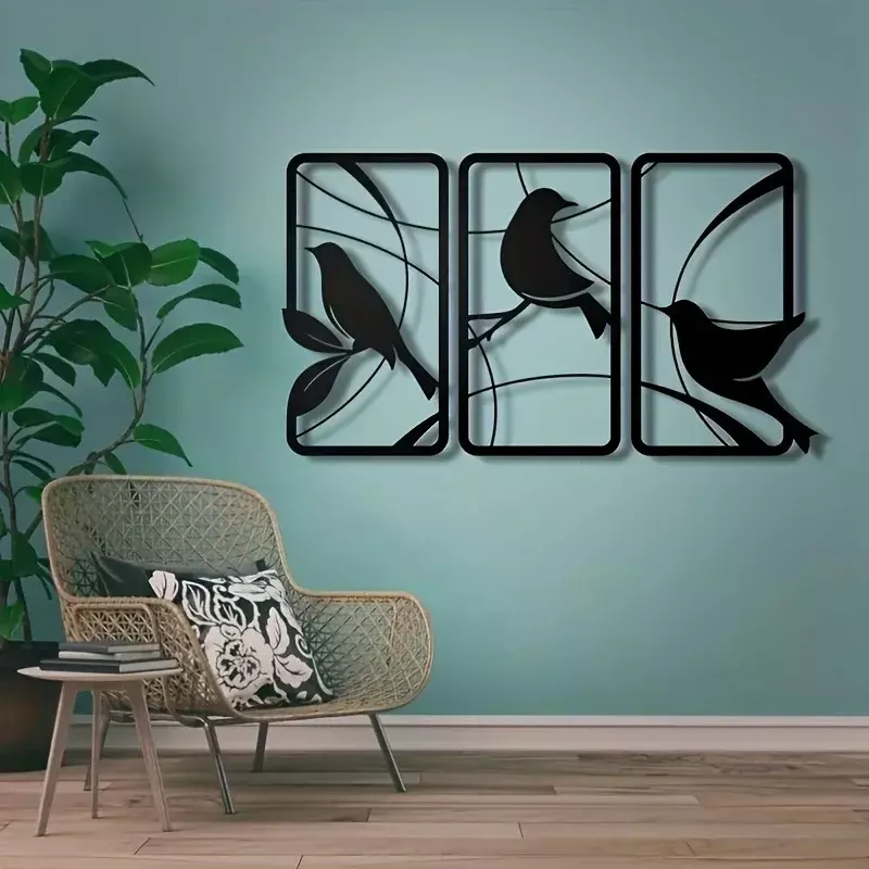 Arte de pared de Metal de pájaro del paraíso, pintura de pájaro, Marco de imagen de Metal, colgante de pared, flor, decoración del hogar, regalo, 3 piezas