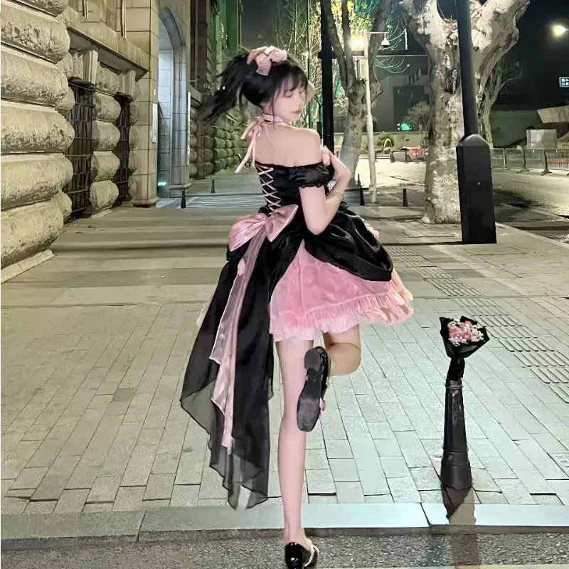 Vestido de Lolita gótico japonés para mujer, vestido Kawaii con lazo de oso, encaje rosa y negro, vestidos de princesa sin hombros, dulce disfraz de Halloween para niñas