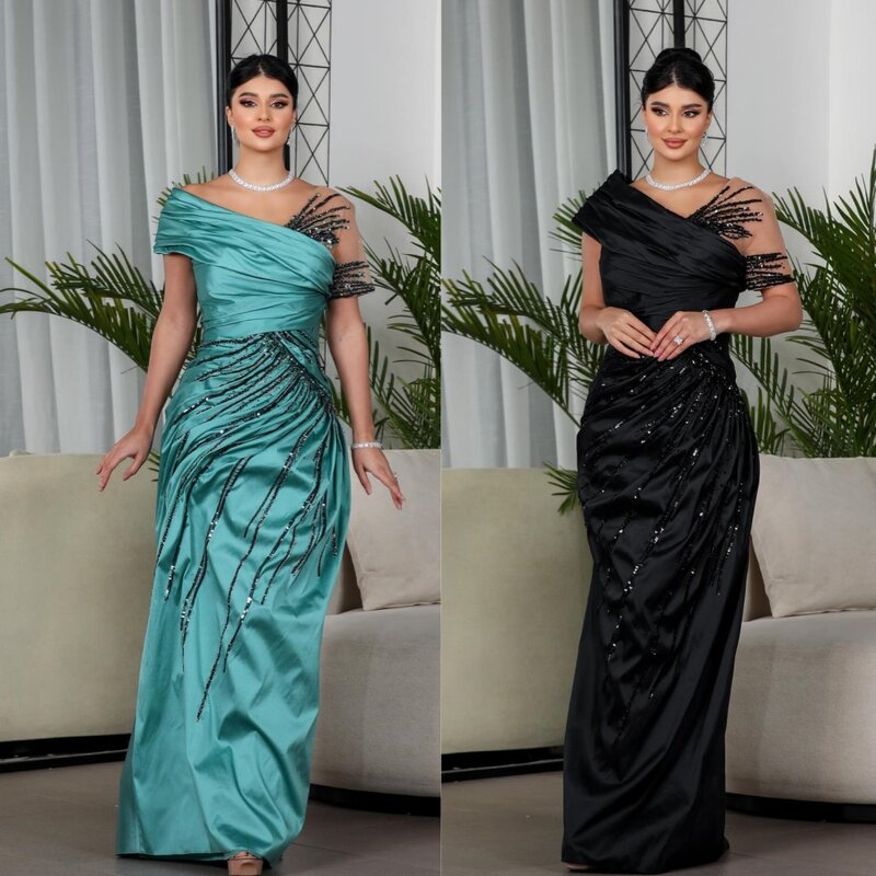 Saudi Arabia Prom Dress Evening Satin Draped Pleat Sequined Beach A-line Off-the-shoulder Bespoke Occasion Gown Long Dresses