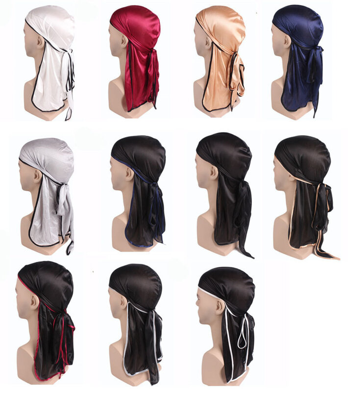 Popular European and American men's and women's silk satin long tailed braided pirate hats with elastic headbands