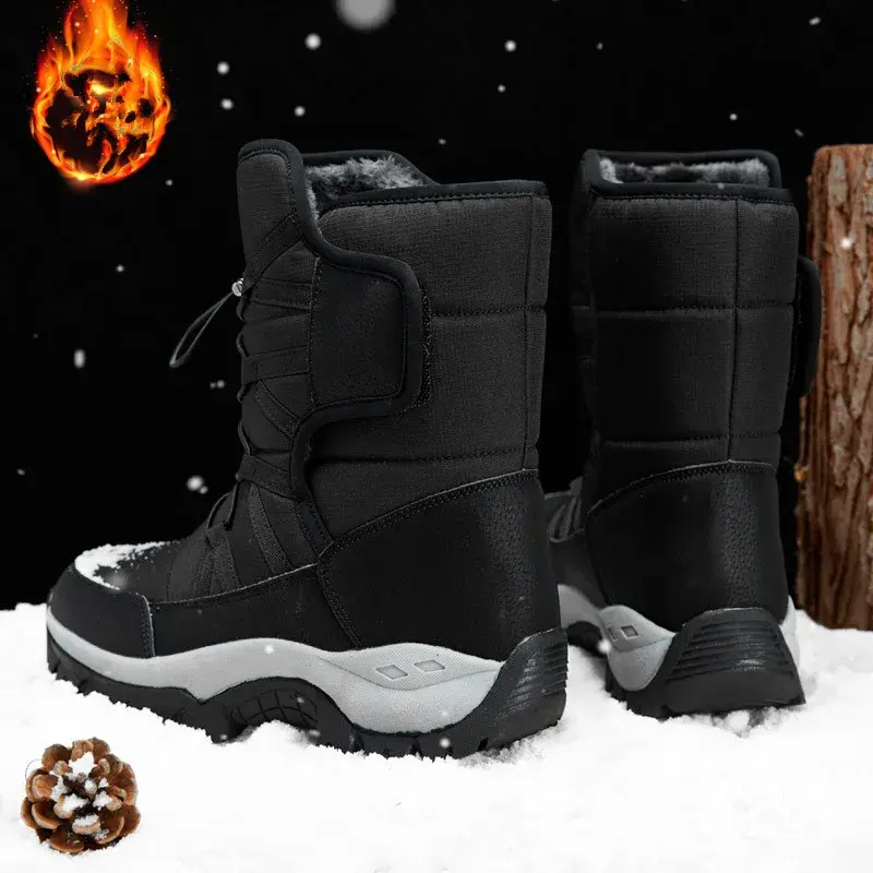 รองเท้าบูทกำมะหยี่ให้ความอบอุ่นในรองเท้าบุรุษสำหรับผู้ชาย, รองเท้าบูทลุยหิมะหุ้มข้อให้ความอบอุ่นสำหรับกลางแจ้ง sepatu BOOT kasual ฤดูหนาว