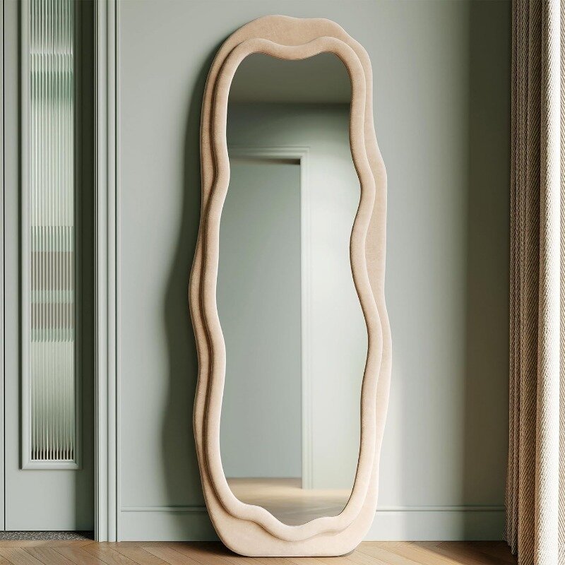 Full Length Mirror, 63" x 24" Floor Mirror, Flannel Wrapped Wooden Frame Wall Mirror, Irregular Wavy Mirror
