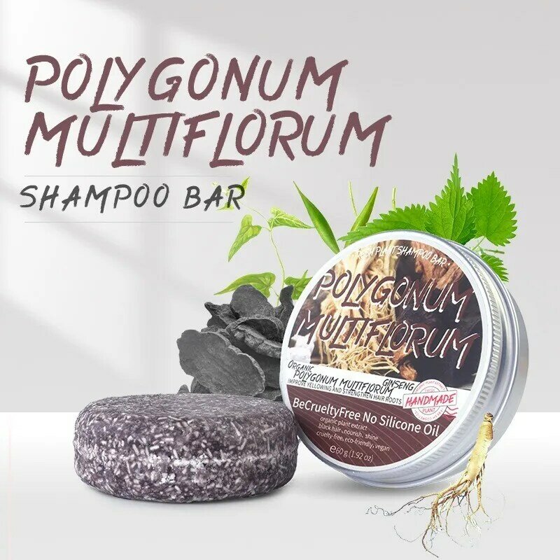 Barra de champú para oscurecer el cabello, jabón hecho a mano Multiflorum Polygonum, orgánico, gris, 60g