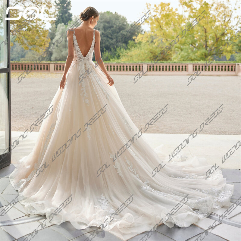 SOL Lace Appliques Spaghetti Straps Deep V Neck Tulle Wedding Dresses Elegant Backless A-Line Bridal Gowns Vestidos De Novia