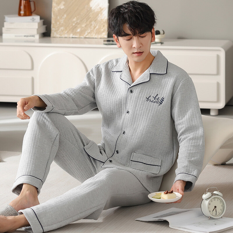 Autumn Winter Men's Pure Cotton Pajamas Lapel Long Sleeve Air Cotton Thickened Warm Oversized Home Clothing Set