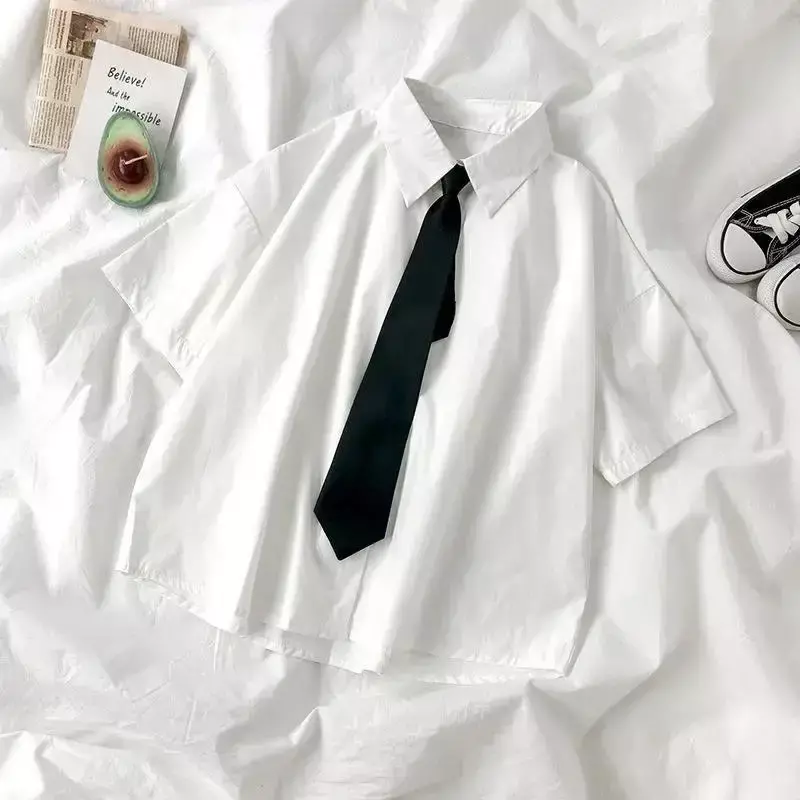 Blusa holgada de estilo japonés para mujer, camisa blanca con lazo, estilo Preppy, BF, de gran tamaño, color liso, para verano, L3204