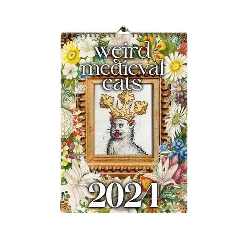 Kalender 2024 kucing aneh abad pertengahan kalender dinding 12 bulan dapat digantung untuk hadiah kantor rumah kertas dilapisi A