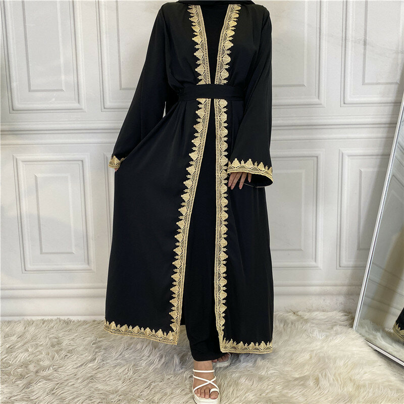 Jubah kardigan bordir Muslim empat musim modis dan kasual jubah warna Solid Arab kolase dan gaun sambungan