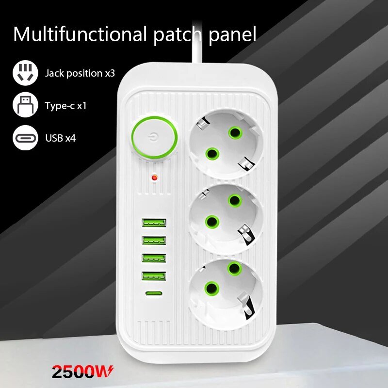 Multiprise multiprise EU Plug Power Strip, câble d'extension de 2m, prises électriques multiprises 3AC, 4 USB, 1 type C, filtre réseau, charge rapide