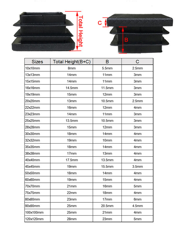 Bouchon carré en plastique noir pour Tube, 2/4/10 pièces, 10x10 ~ 100x100mm, pour meubles de salon, cadre de lit