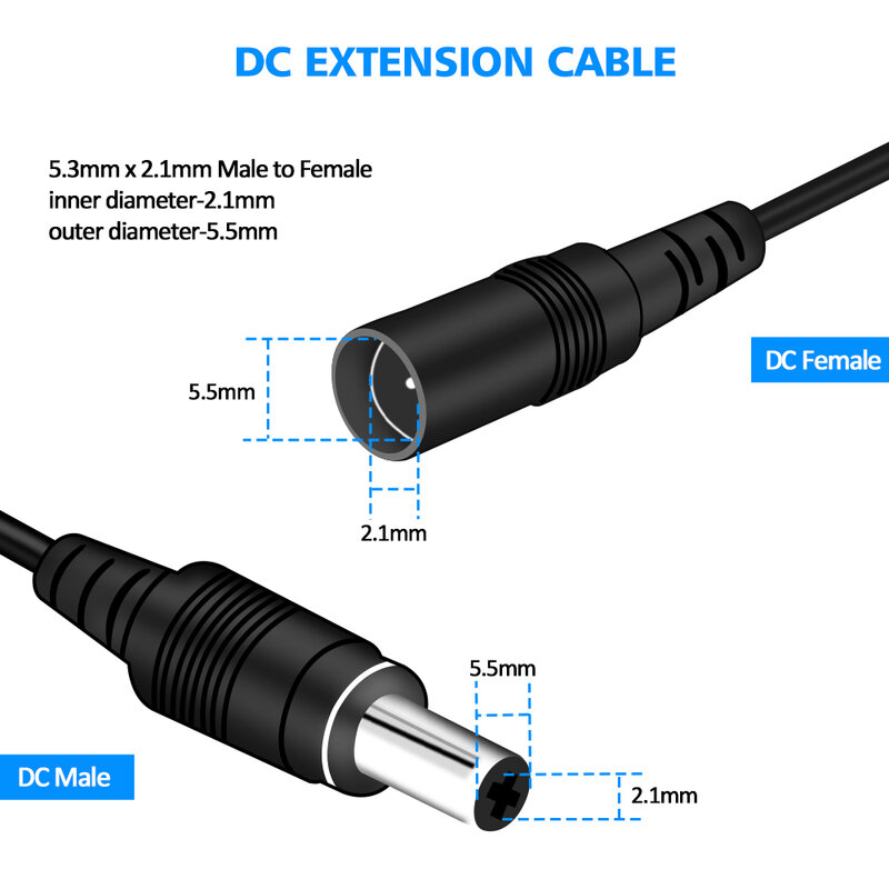 Extensor de Cable de alimentación para cámara de seguridad CCTV, Cable de extensión de 12 voltios, 2M, 6.56ft/5M, 16.5FT/10M, 33FT, 5,5x2,1mm