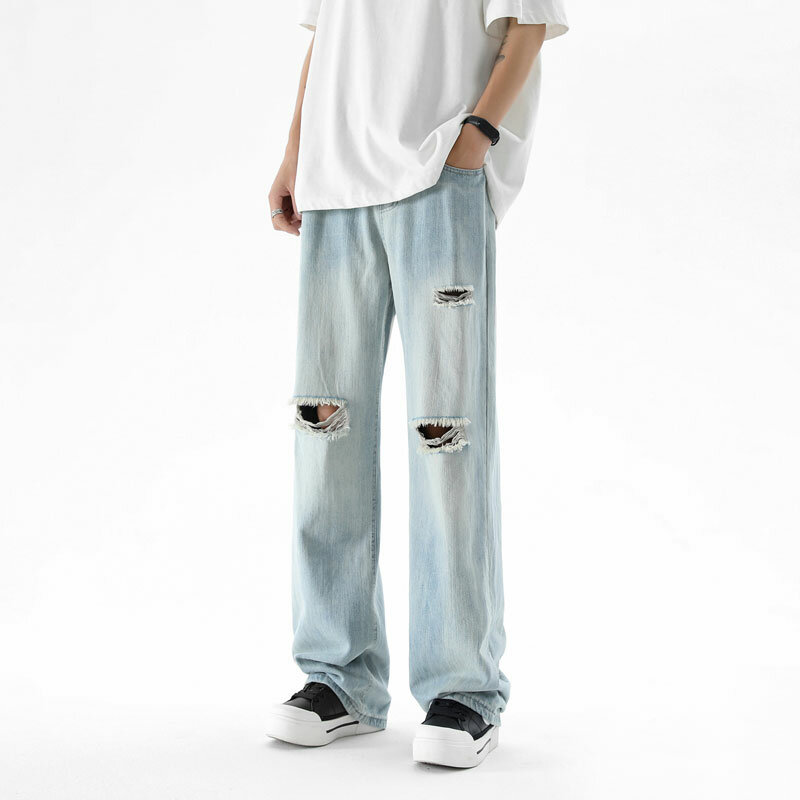 Брюки мужские рваные джинсовые, длинные прямые штаны до колена, Повседневная Уличная одежда в стиле хип-хоп, для мальчиков и студентов, летние