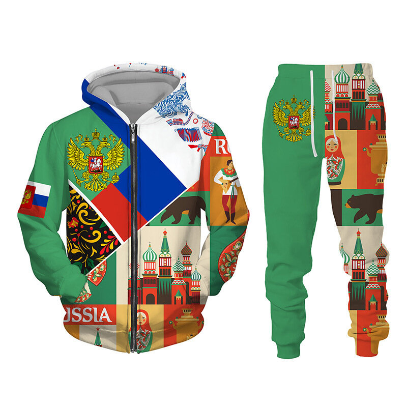 3D Flaga Rosji Bluza z kapturem + spodnie z nadrukiem Cool Mężczyźni / Kobiety 2-częściowy zestaw dresów sportowych Jesień i zima Odzież męska
