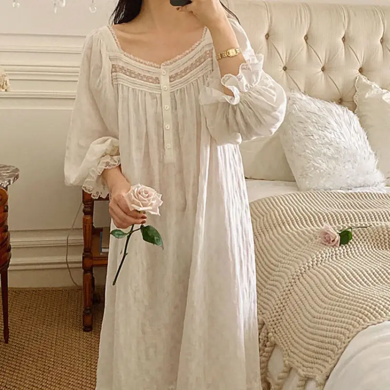 Abito da notte vittoriano in puro cotone donna primavera autunno bianco manica intera camicie da notte Vintage abito lungo Peignoir Princess Sleepwear