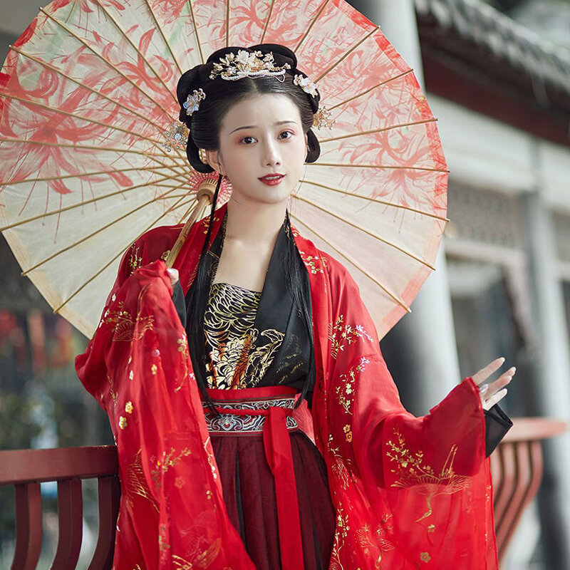 فستان هانفو صيني تقليدي للنساء ، ملابس تنكرية ، ملابس خرافية ، زي قديم ، أحمر ، تطريز زهور ، طالب مدرسة