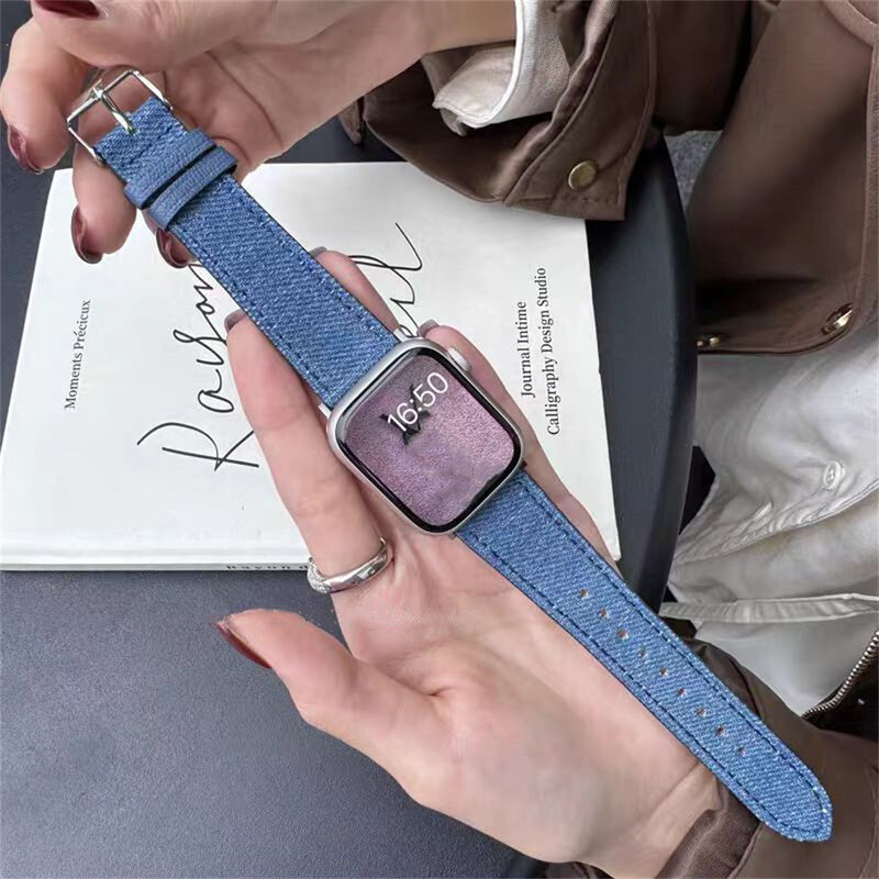 Denim Cloth  Leather Strap for Apple Watch Band 38/40/41mm 7 8 9 Bracelet Loop for Iwatch 6 SE 5 49Ultra 3 2 42/44/45mm Cor