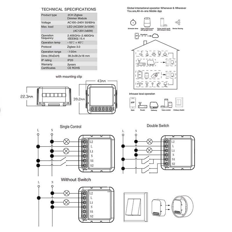 Lonsonho Tuya Zigbee Smart Dimmer Switch Module con neutro zigbe2mqtt compatibile Alexa Google Home Smart Life Automation