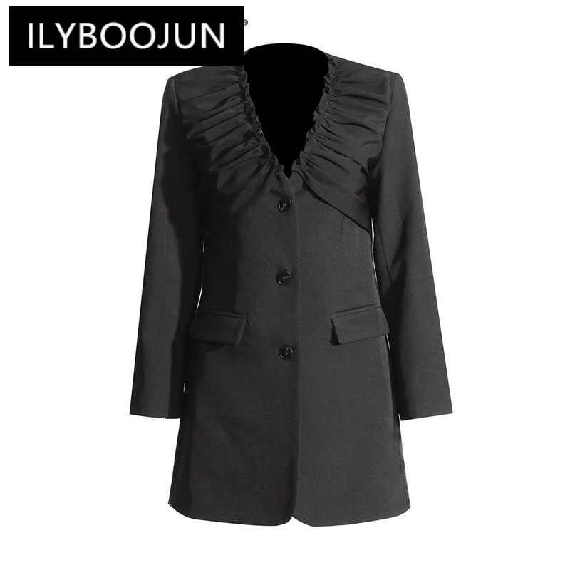 Ilyboojun-blazer com dobras para as mulheres, patchwork sólido, v pescoço, manga comprida, emendado, single breasted, chique, moda, novo