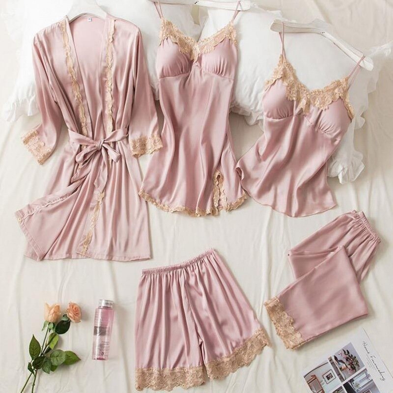 Sexy 5PCS Pajamas Set Bride Wedding Robe Pink Lace Trim Nightgown Sleepwear Loose Casual Satin Pyjama Pour Femme Lounge Wear