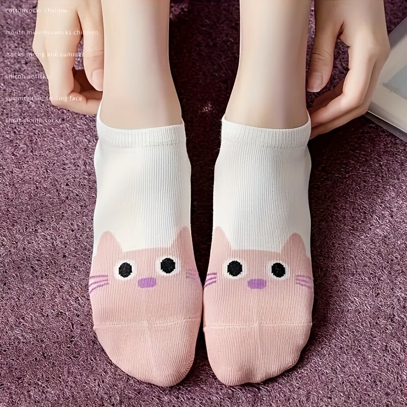 5 Pairs Cute Cartoon Cat Print Low Cut Ankle Socks for Women - Soft, Comfy, and Stylish Hosiery