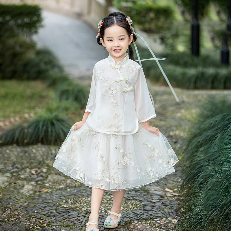 Dziewczęca letnia sukienka Han dwuczęściowy zestaw 2022 nowa śliczna dziewczęca rękaw 7/8 haftowane ubrania Vintage odzież na co dzień w stylu chińskim Thi