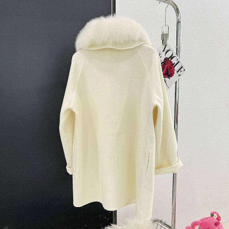 Abrigo de lana de doble cara para mujer, abrigo de longitud media con Cuello de piel de zorro, 2023