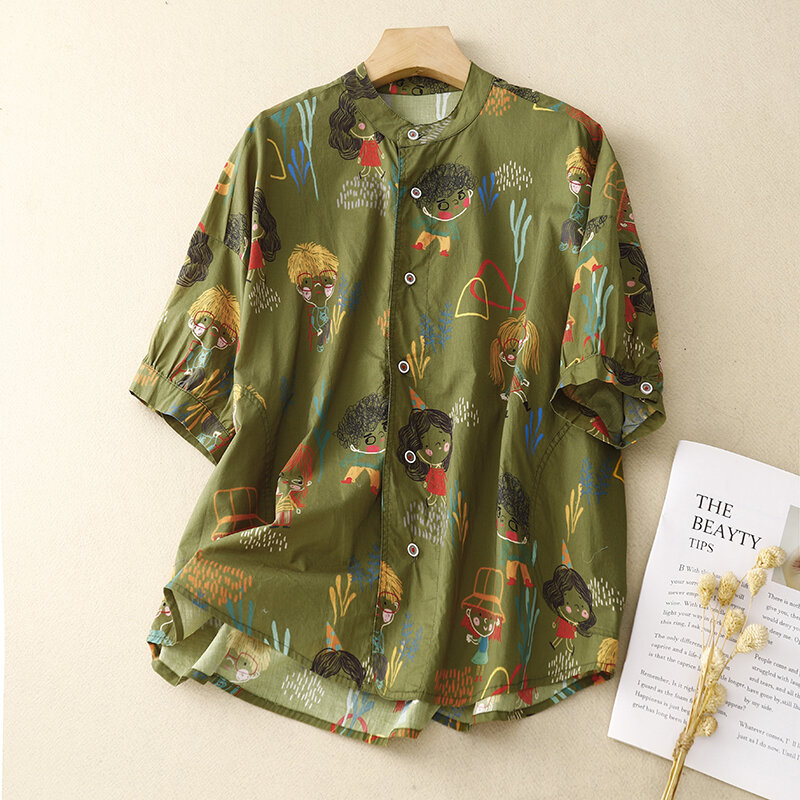 Japońska bawełniana moda Kreskówka Letnia damska cienka koszula z krótkim rękawem Damska luźna bluzka z nadrukiem 2024 Nowość X1101