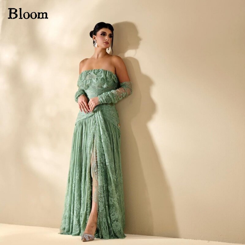 Bloomエレガントなレースのイブニングドレス,袖のフリル,ストラップレス,プロムのドレス,ストラップレス,サイドスリット,ウェディングパーティー,arabiaファッション