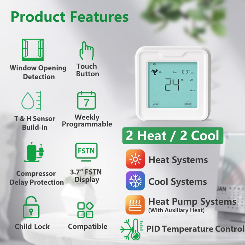 Jianshu Tuya termostat AC pintar WiFi,Alexa Google siap, termostat 7 dapat diprogram layar sentuh HVAC, pompa panas, pendingin udara