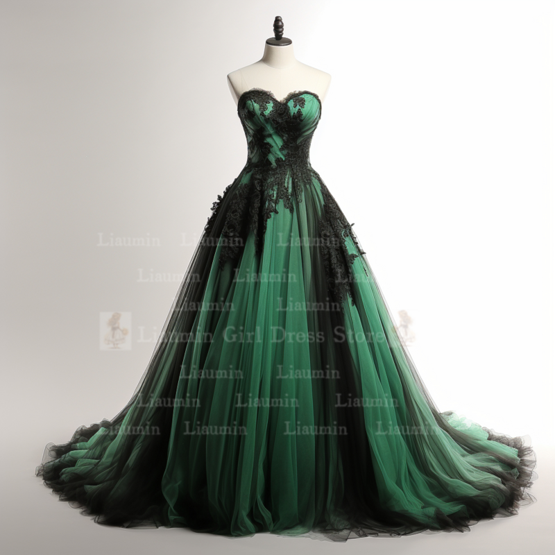 Green Tulle and Black Lace Edge Applique Full Length Lace Up Back Evening Dress Brithday Formal Occasion Elagant Clohing  W1-8