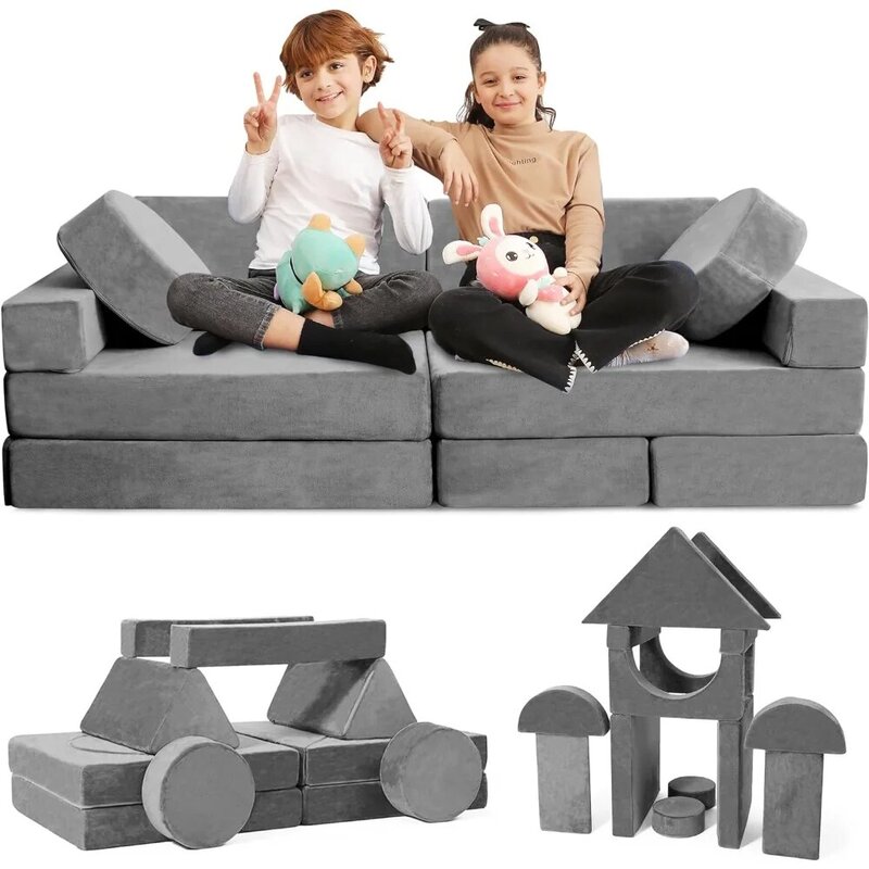 14-częściowy modułowy zestaw kanap dla dzieci – rozkładana kanapa dla dzieci z poduszkami na sofę z miękkiej pianki| Meble do pokoju zabaw Szare Mini