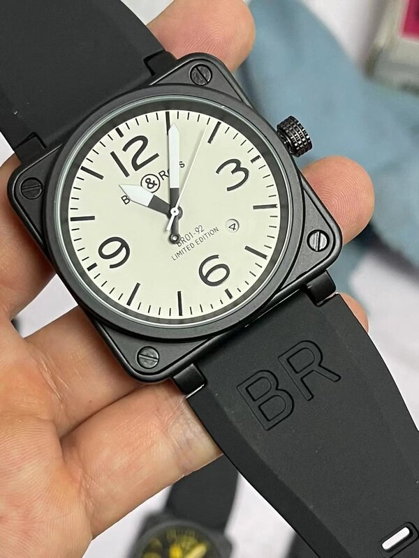 BR-reloj mecánico automático para hombre, cronógrafo de cuero marrón, negro, goma, 46mm, AAA +, esfera grande, Original