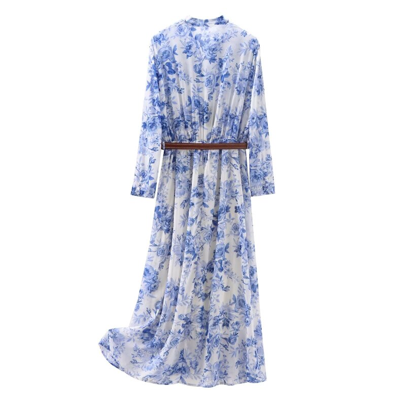 Maxdutti Summer French Retro Blue Dress Women Floral Midi Dress With Belt Fashion Ladies Elegant Cascading Dress