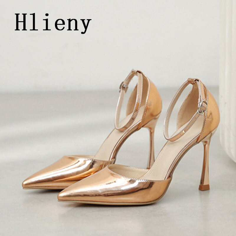 مضخات Hlieny بمقدمة مدببة للنساء ، جلد براءة اختراع ، حزام مشبك ، كعب عالي رفيع ، أحذية حفل زفاف ، طراز الشارع ، موضة مثيرة