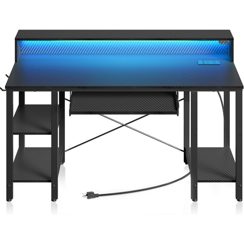 Computer Desk with LED Lights & Power Outlets, 47” Gaming Desk with Storage Shelves, Home Office Desk with Keyboard Tray