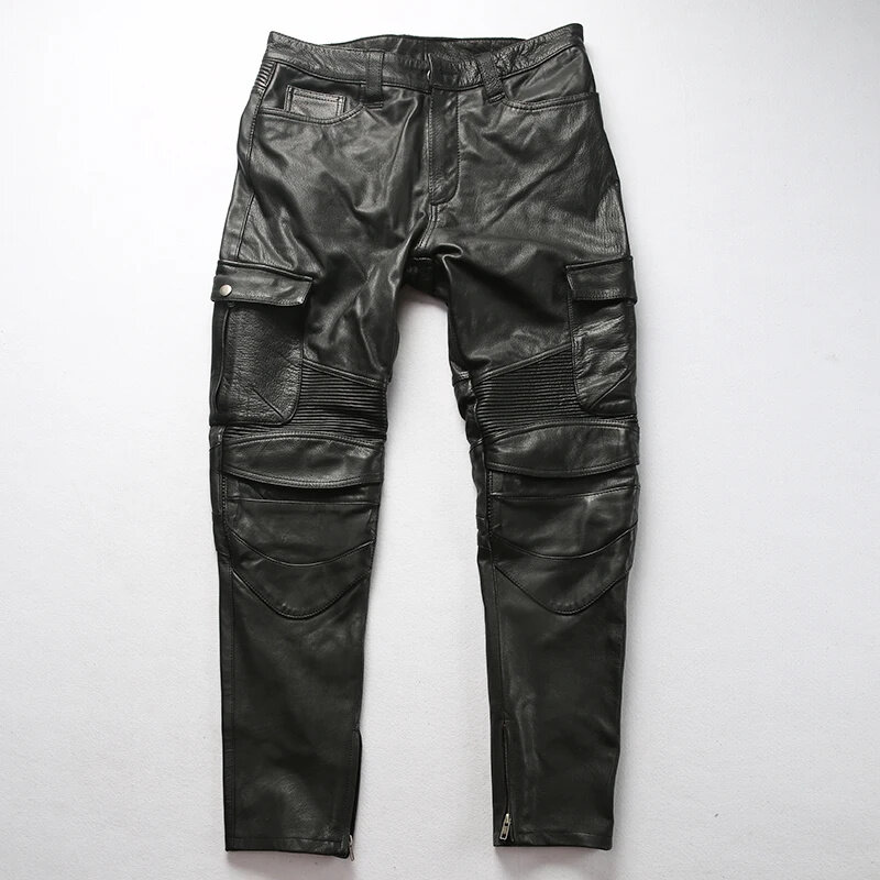 Vintage Motorcycle Biker Pants Men Genuine Cowhide Leather Trousers Pant RidingThick Asian Size 5XL