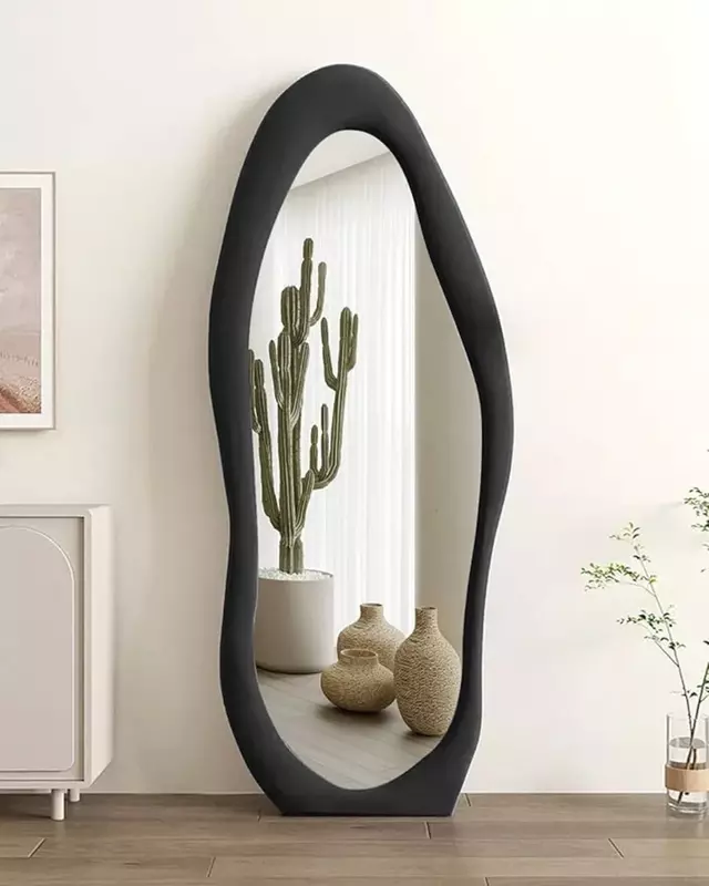 Espejo de longitud completa para colgar en la pared, espejo de piso a techo con marco de franela, colgado o inclinado irregulares en la pared